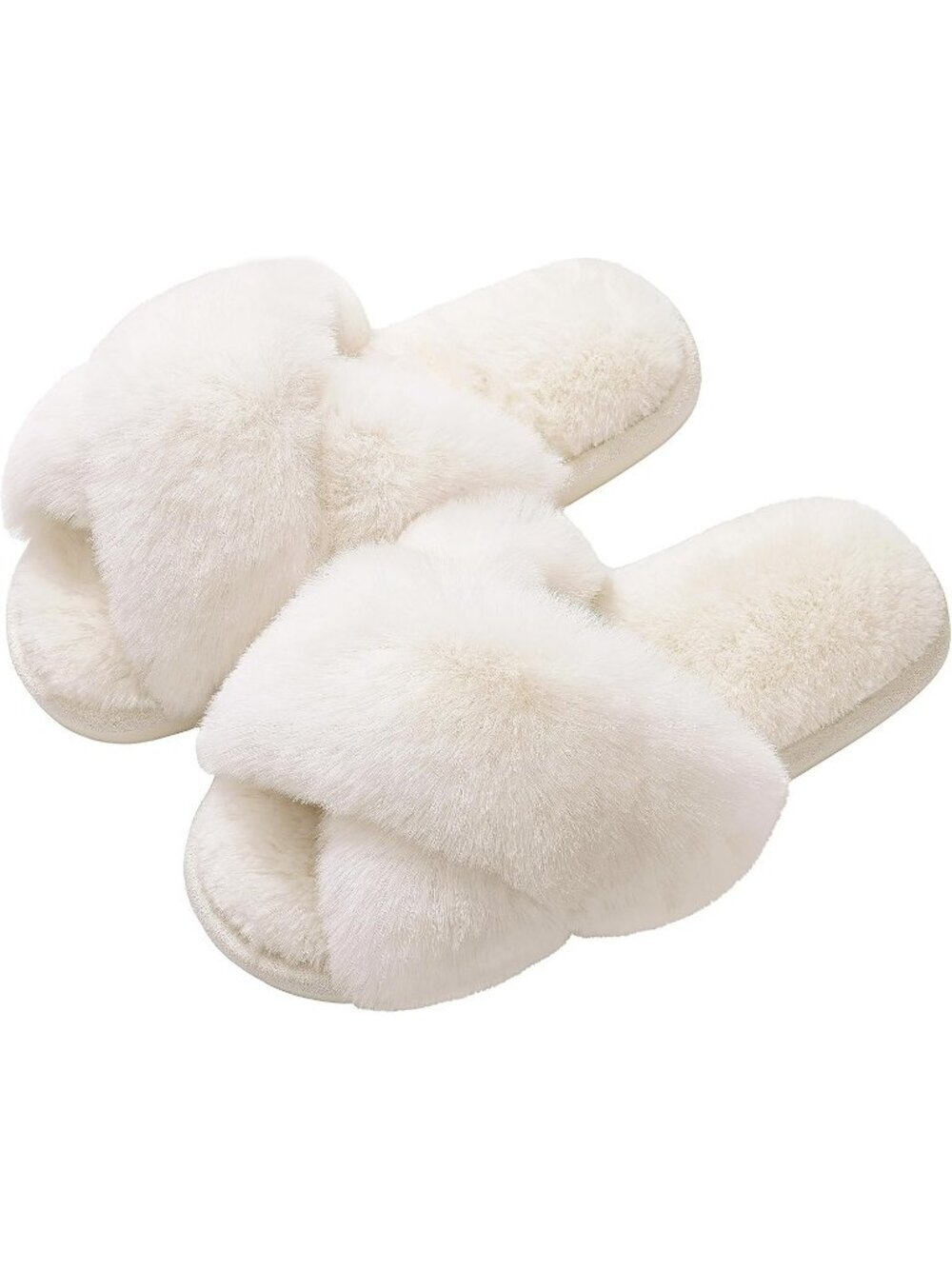 Women's White Fuzzy Cross Band Memory Foam House Open Toe Soft Slipper Shoes
